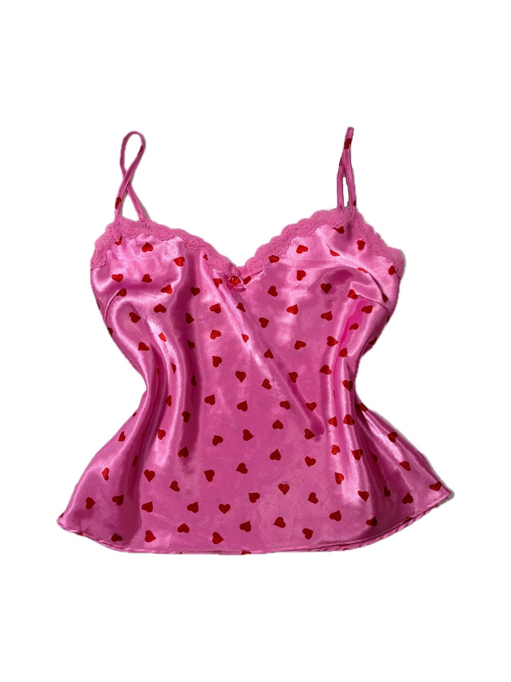 Y2K lei Pink Satin Heart-Print Camisole with Red Hearts